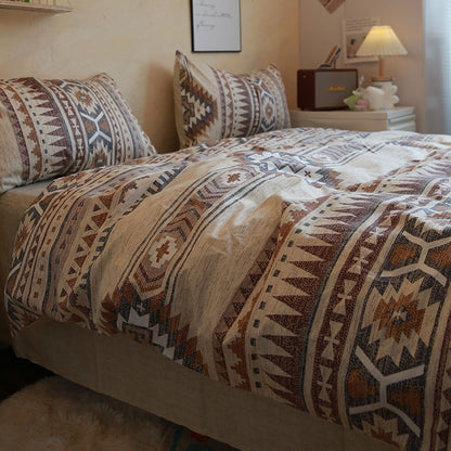 Housse de Lit Bohème Marron en Coton à Motifs Géométriques