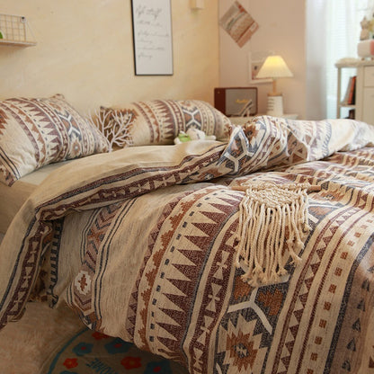 Housse de Lit Bohème Marron en Coton à Motifs Géométriques