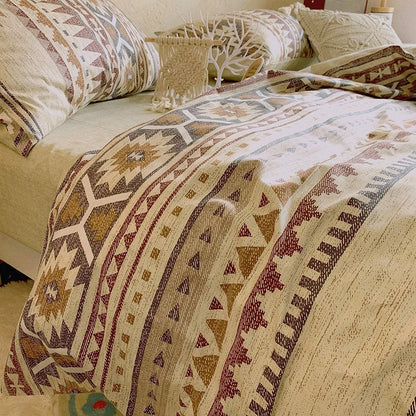 Housse de Lit Bohème Marron en Coton à Motifs Géométriques